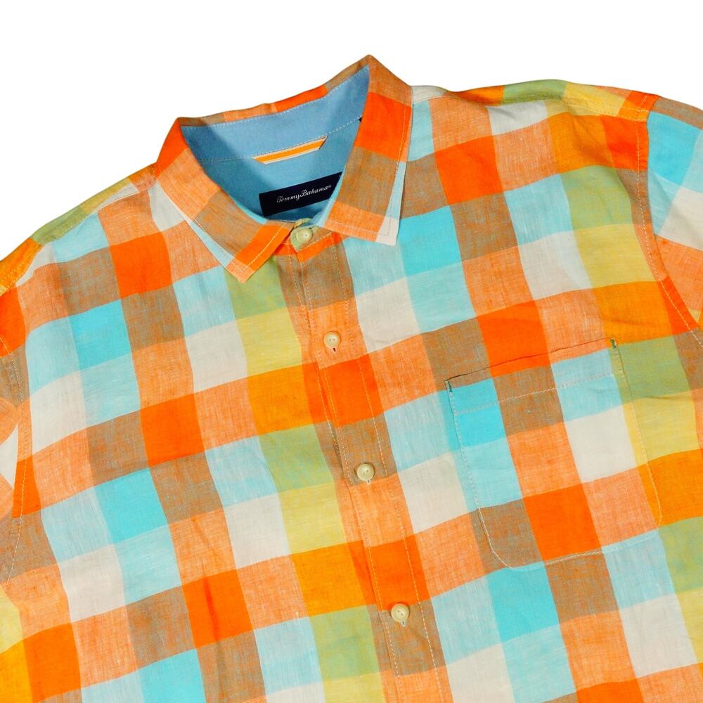Tommy Bahama Linen Colorful Plaid Tropical Breathable Button Vacation Shirt XXL